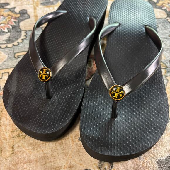 Tory Burch Wedge Flip Flop Sandals Platform Y2k Black Women's Size 7 - Picture 5 of 11